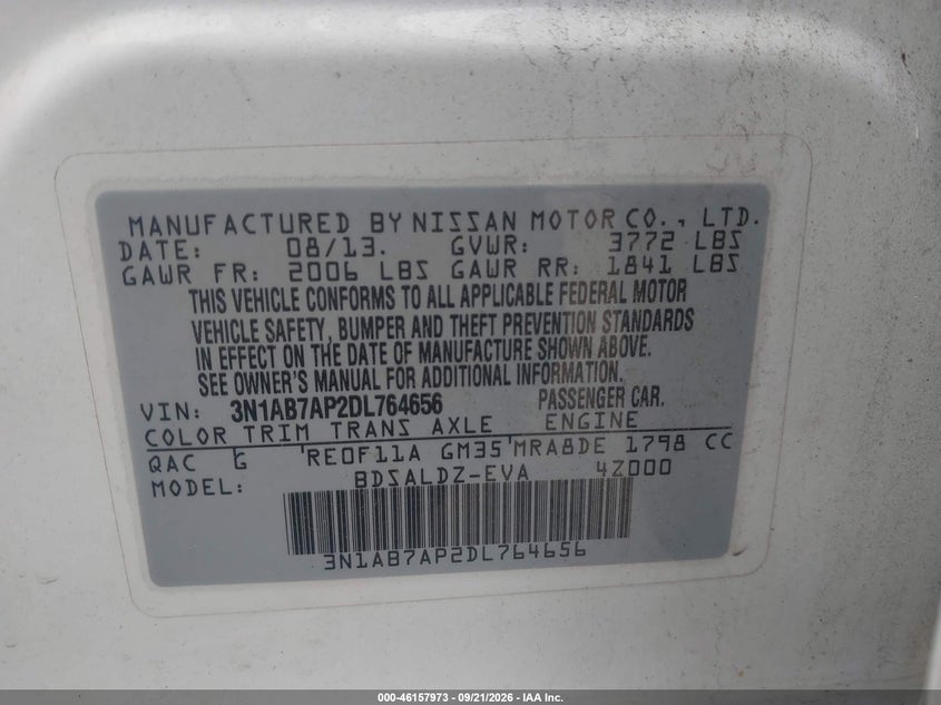 NISSAN SENTRA 2013 VIN 3N1AB7AP2DL764656