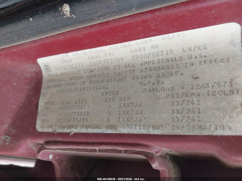 GMC S15 1991 VIN 1GKDT13Z4M2531161