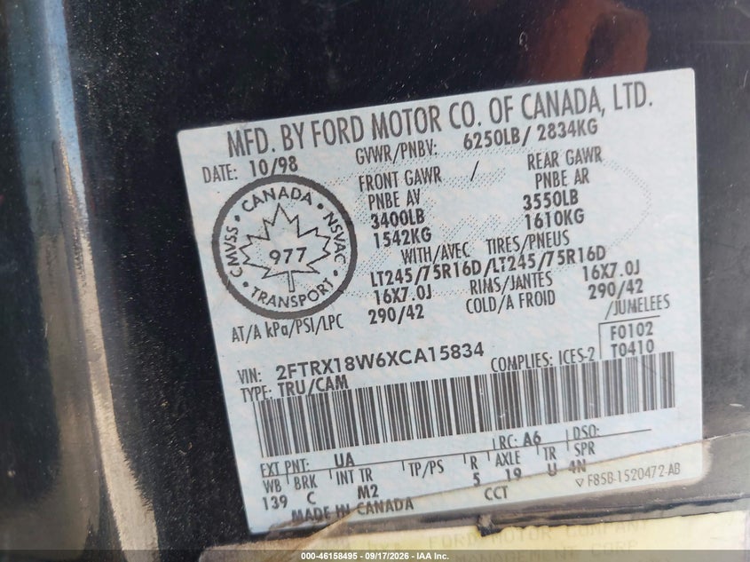FORD F-150 1999 VIN 2FTRX18W6XCA15834