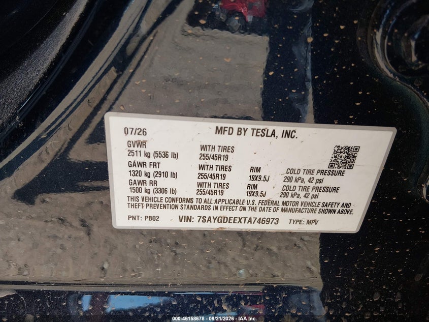 TESLA MODEL Y 2026 VIN 7SAYGDEEXTA746973