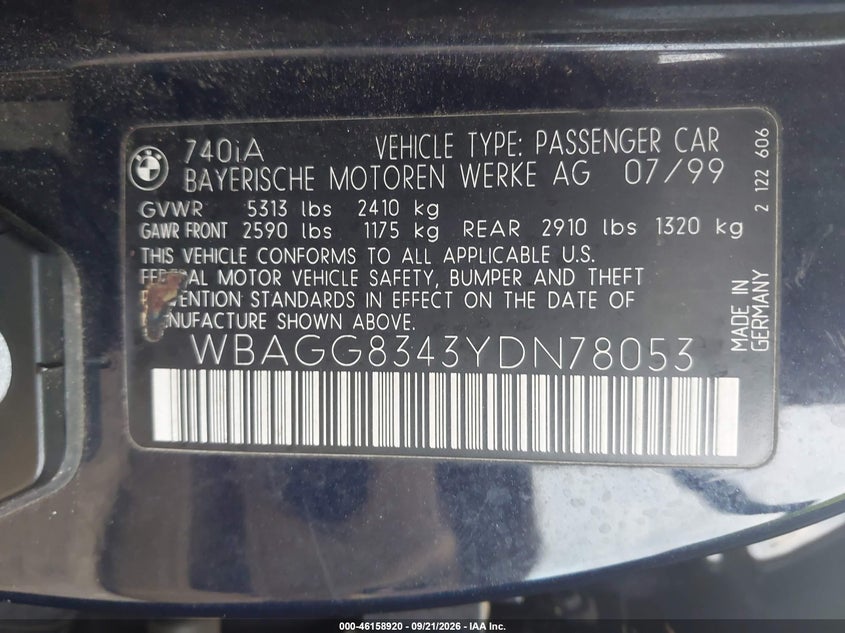 BMW 740IA 2000 VIN WBAGG8343YDN78053
