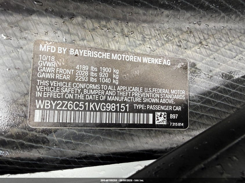 BMW I8 2019 VIN WBY2Z6C51KVG98151