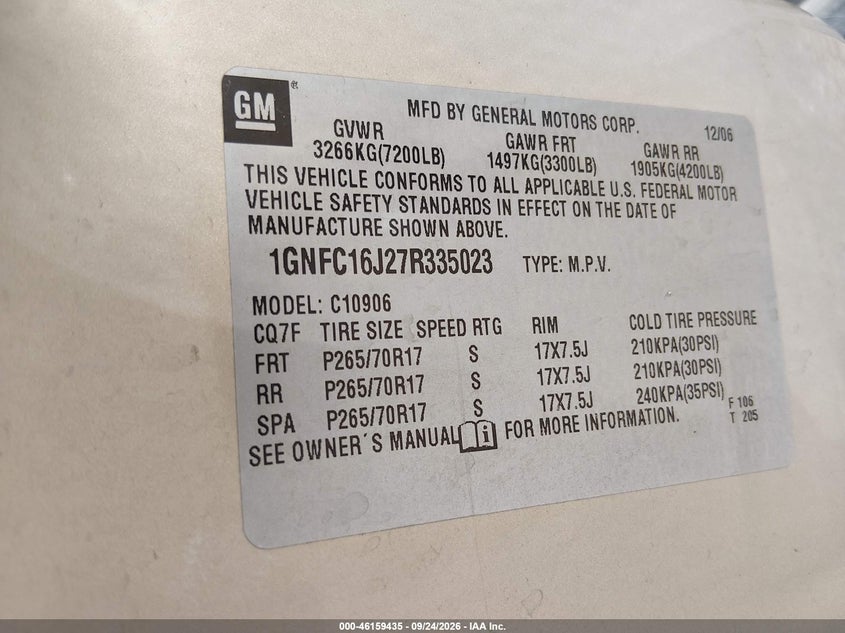 CHEVROLET SUBURBAN 2007 VIN 1GNFC16J27R335023