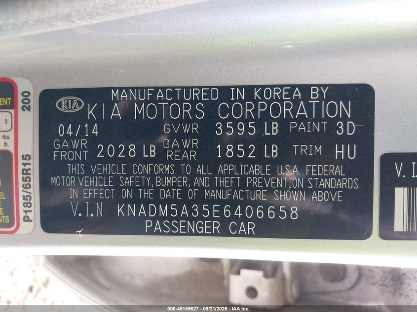 KIA RIO 2014 VIN KNADM5A35E6406658