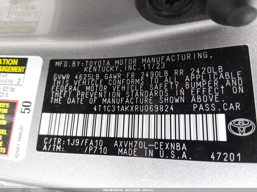 TOYOTA CAMRY HYBRID 2024 VIN 4T1C31AKXRU069824