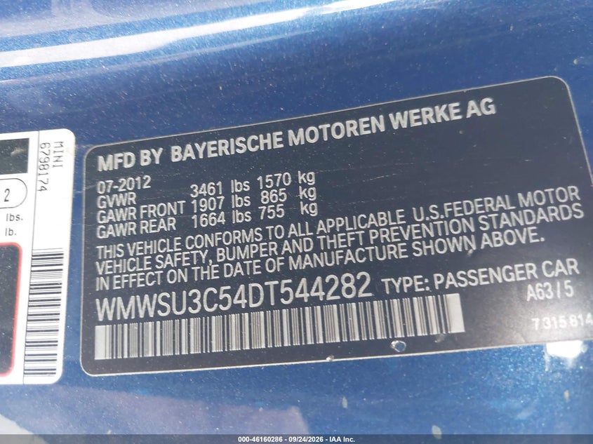 MINI HARDTOP 2013 VIN WMWSU3C54DT544282