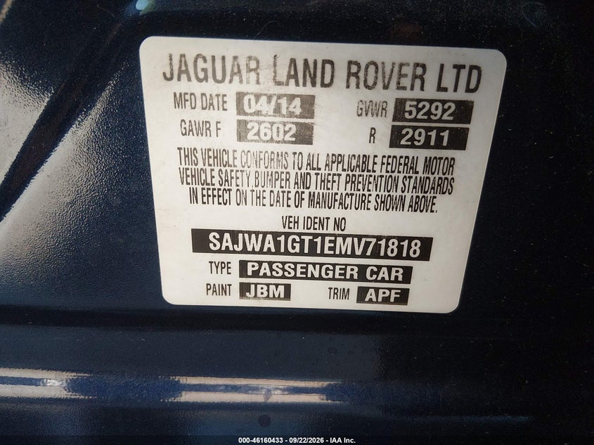 JAGUAR XJ 2014 VIN SAJWA1GT1EMV71818