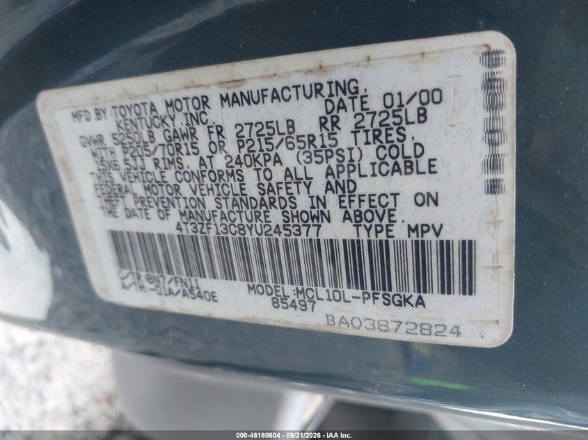 TOYOTA SIENNA 2000 VIN 4T3ZF13C8YU245377
