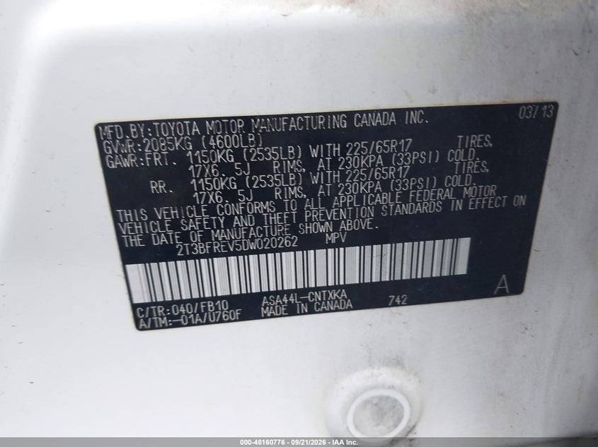 TOYOTA RAV4 2013 VIN 2T3BFREV5DW020262