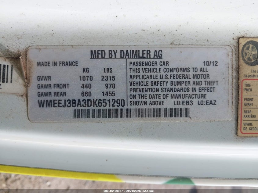 SMART FORTWO 2013 VIN WMEEJ3BA3DK651290