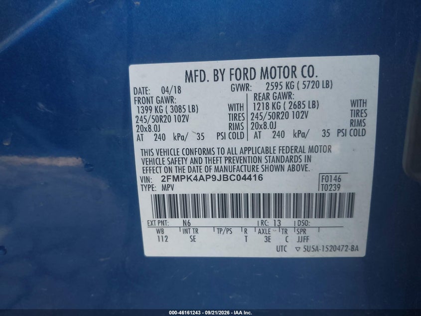 FORD EDGE 2018 VIN 2FMPK4AP9JBC04416