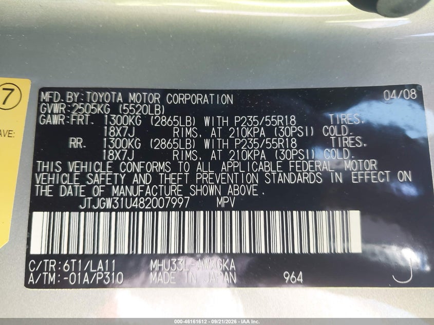 LEXUS RX 400H 2008 VIN JTJGW31U482007997