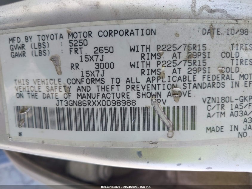 TOYOTA 4RUNNER 1999 VIN JT3GN86RXX0098988