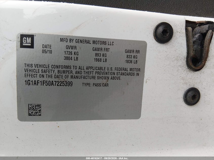 CHEVROLET COBALT 2010 VIN 1G1AF1F50A7225399