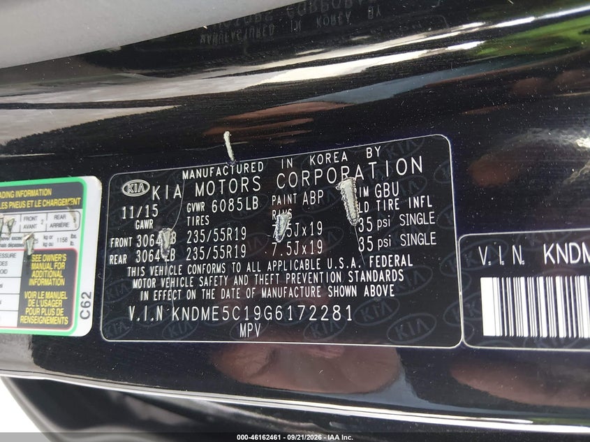 KIA SEDONA 2016 VIN KNDME5C19G6172281