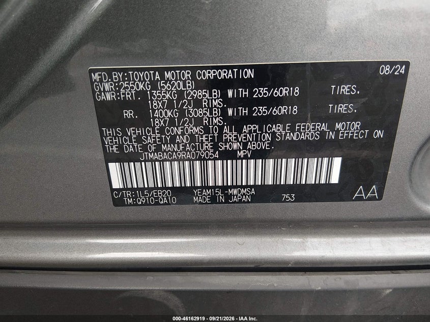 TOYOTA BZ4X 2024 VIN JTMABACA9RA079054
