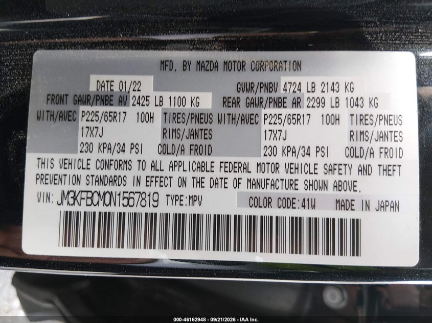 MAZDA CX-5 2022 VIN JM3KFBCM0N1567819