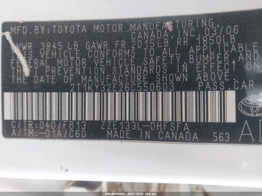 TOYOTA MATRIX 2006 VIN 2T1KY32E26C550603