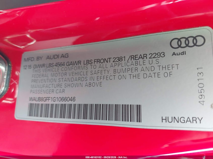AUDI A3 2016 VIN WAUB8GFF1G1066046
