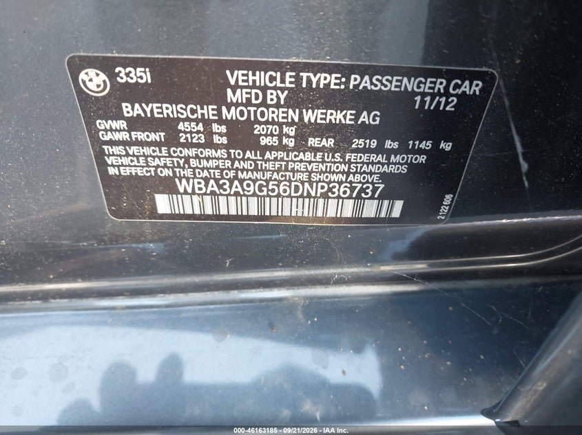 BMW 335I 2013 VIN WBA3A9G56DNP36737
