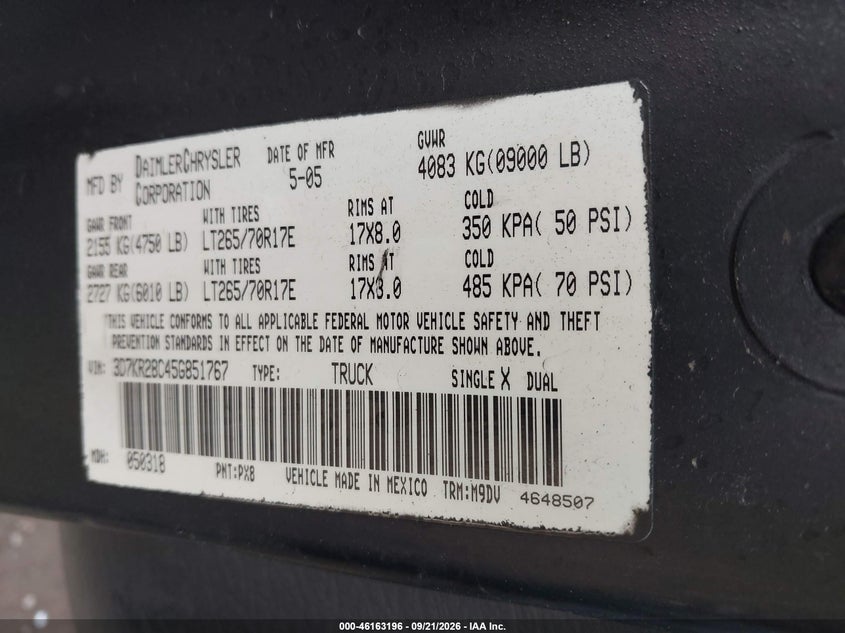 DODGE RAM 2500 2005 VIN 3D7KR28C45G851767