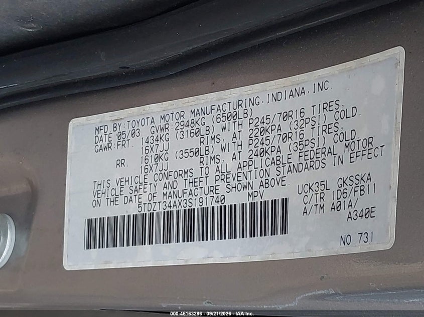TOYOTA SEQUOIA 2003 VIN 5TDZT34AX3S191740
