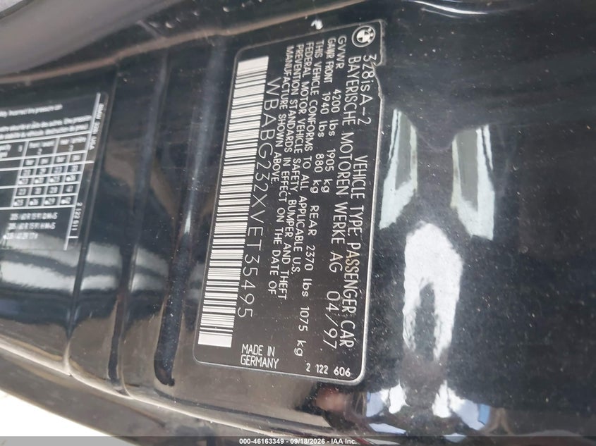 BMW 328IS 1997 VIN WBABG232XVET35495