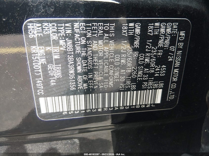 NISSAN ROGUE 2024 VIN JN8BT3BA3RW361356