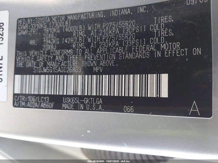 TOYOTA SEQUOIA 2010 VIN 5TDJW5G15AS026803