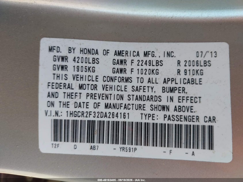 HONDA ACCORD 2013 VIN 1HGCR2F32DA264161