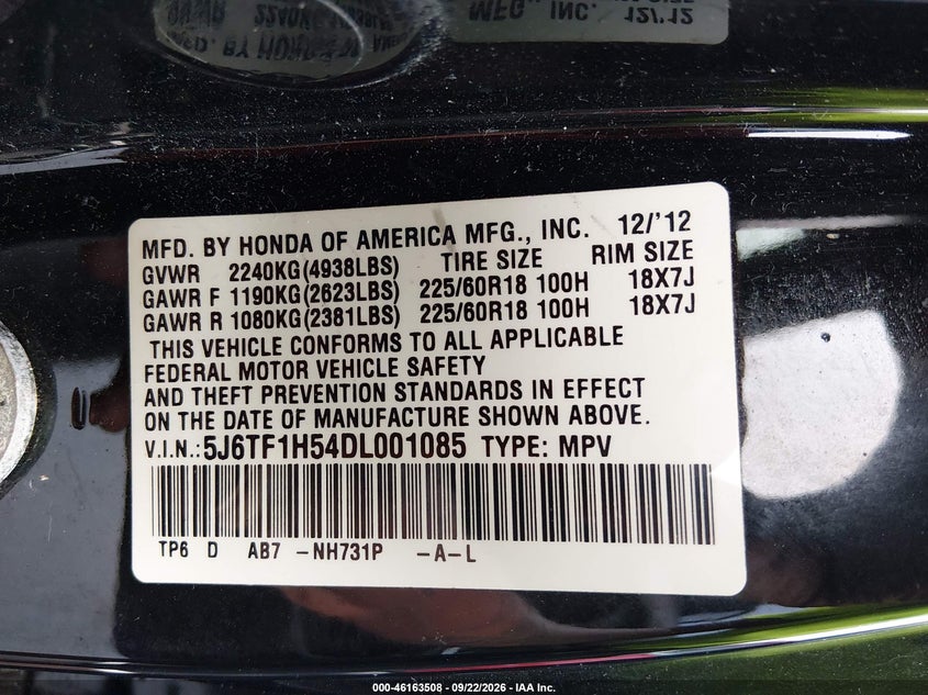 HONDA CROSSTOUR 2013 VIN 5J6TF1H54DL001085