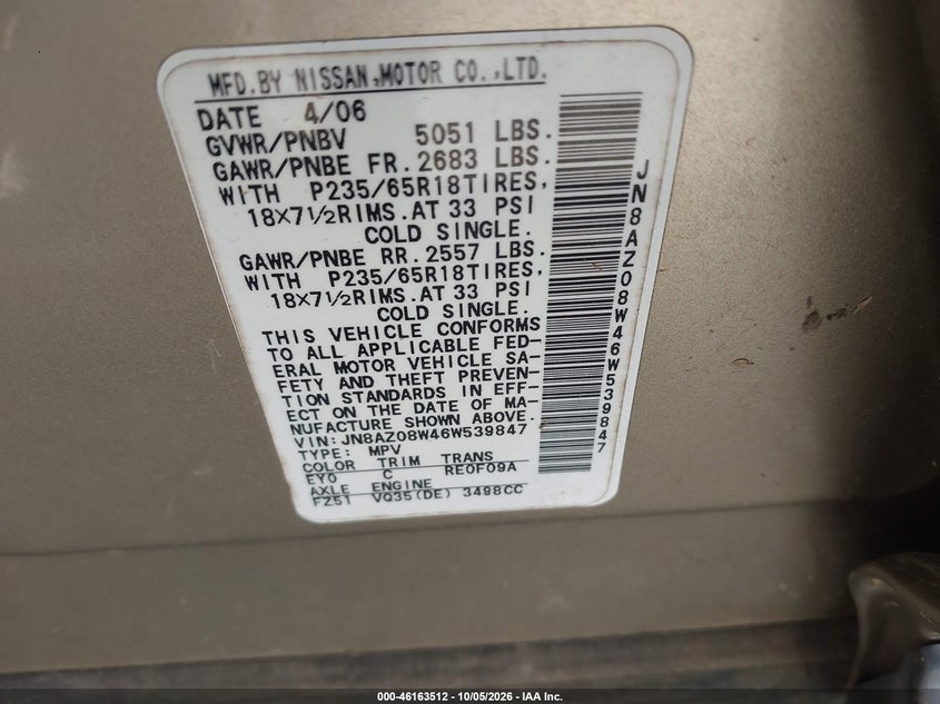 NISSAN MURANO 2006 VIN JN8AZ08W46W539847