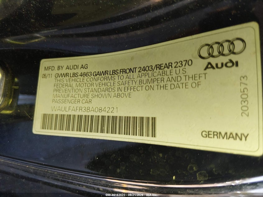 AUDI A5 2011 VIN WAULFAFR3BA084221