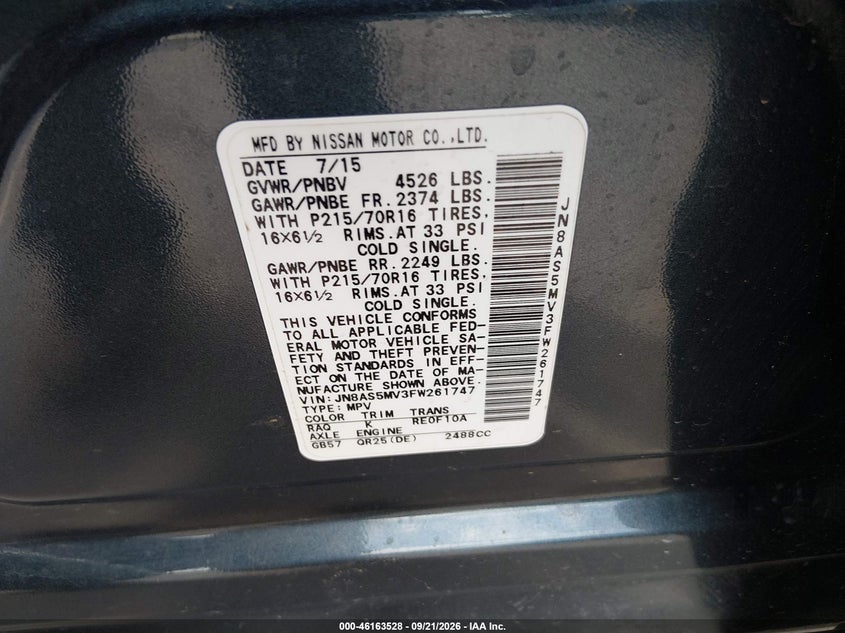 NISSAN ROGUE SELECT 2015 VIN JN8AS5MV3FW261747