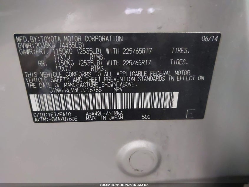 TOYOTA RAV4 2014 VIN JTMWFREV4EJ016785