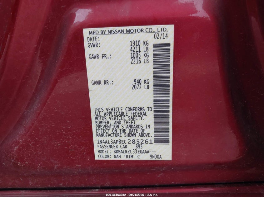 NISSAN ALTIMA 2014 VIN 1N4AL3AP8EC285261