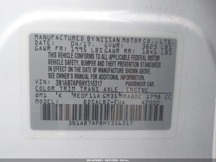 NISSAN SENTRA 2017 VIN 3N1AB7AP8HY316317