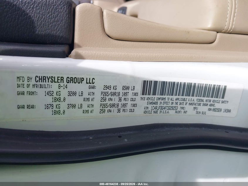 JEEP GRAND CHEROKEE 2015 VIN 1C4RJFBG4FC629253