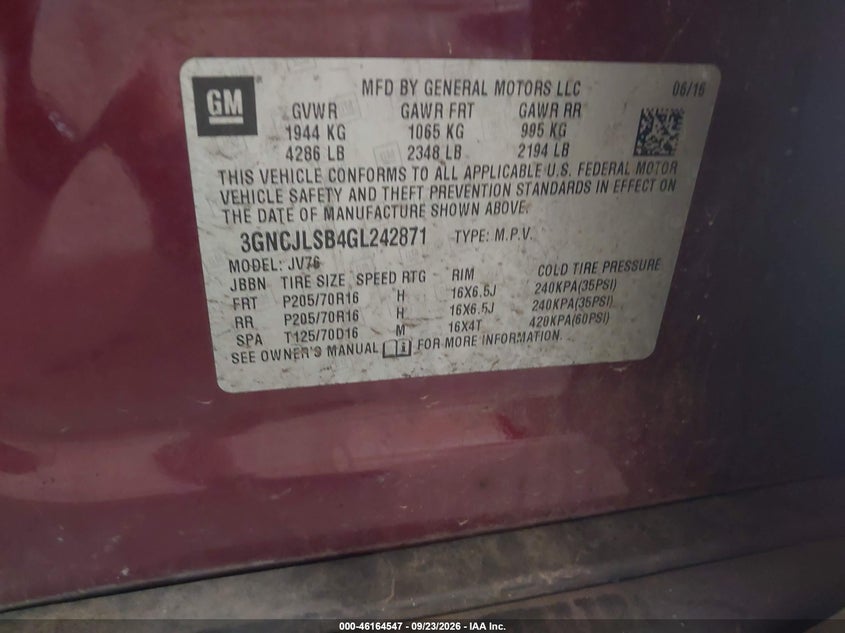 CHEVROLET TRAX 2016 VIN 3GNCJLSB4GL242871
