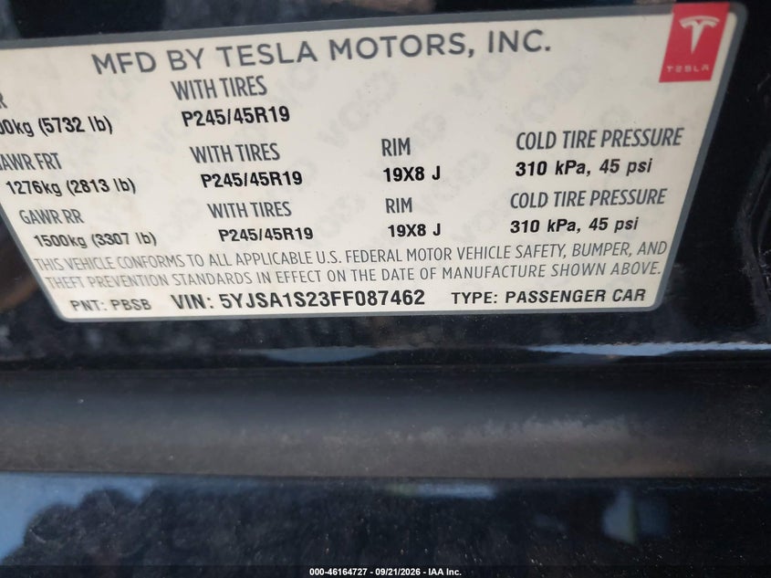TESLA MODEL S 2015 VIN 5YJSA1S23FF087462