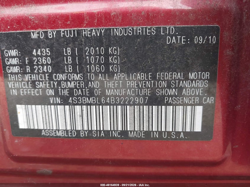 SUBARU LEGACY 2011 VIN 4S3BMBL64B3222907