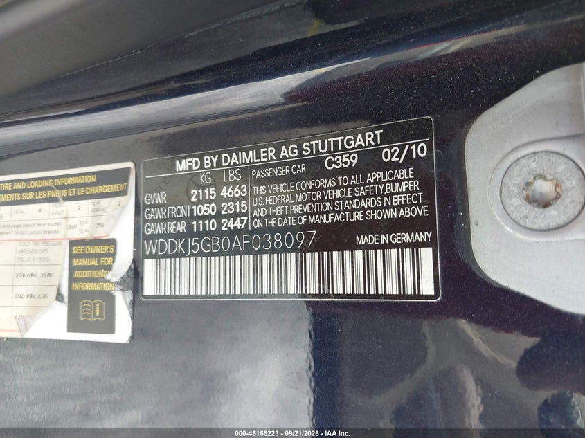 MERCEDES-BENZ E 350 2010 VIN WDDKJ5GB0AF038097