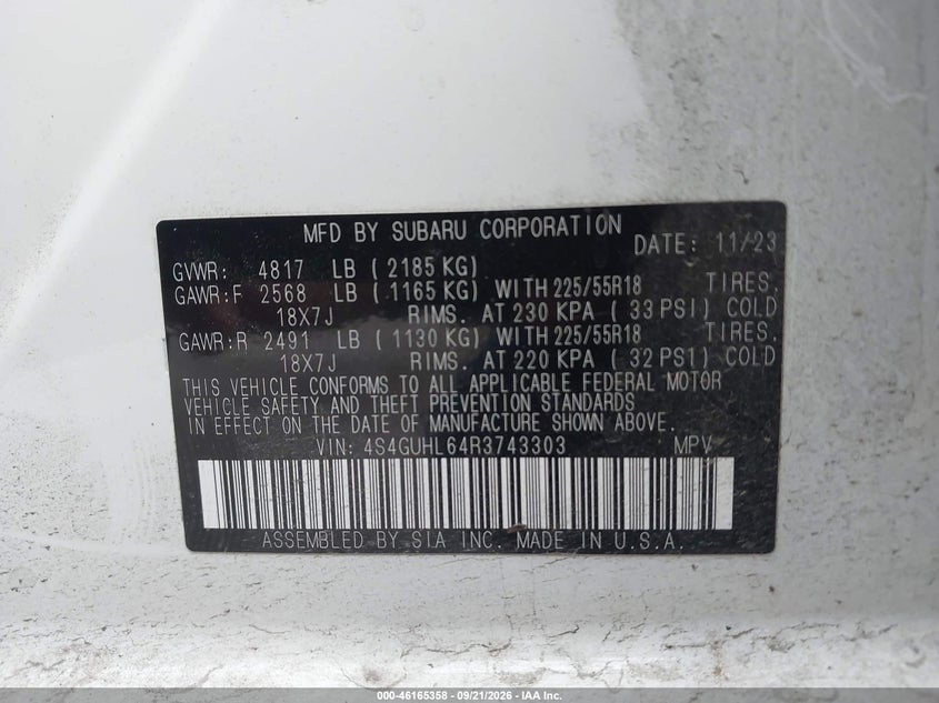 SUBARU CROSSTREK 2024 VIN 4S4GUHL64R3743303