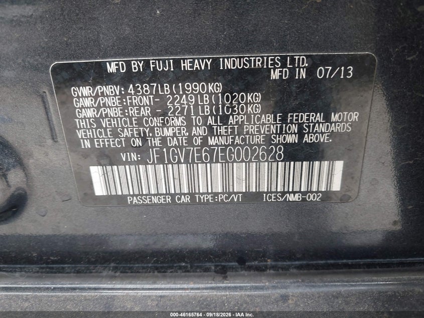 SUBARU IMPREZA WRX 2014 VIN JF1GV7E67EG002628