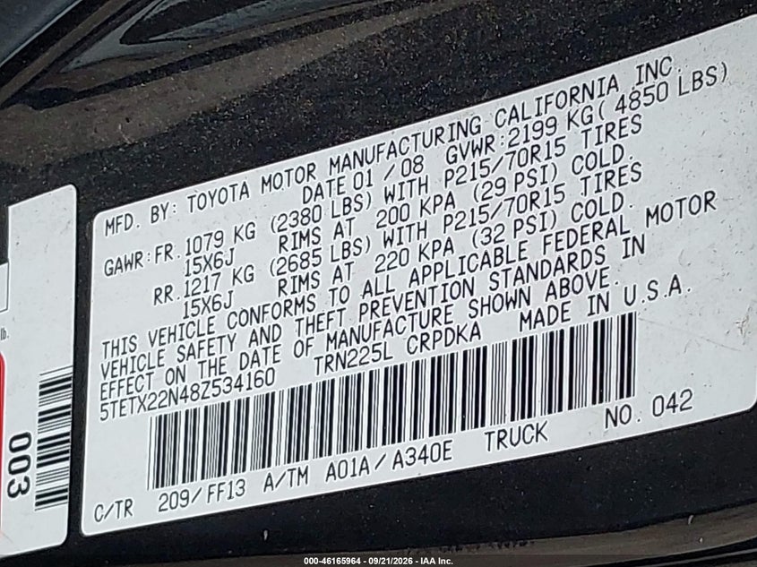 TOYOTA TACOMA 2008 VIN 5TETX22N48Z534160