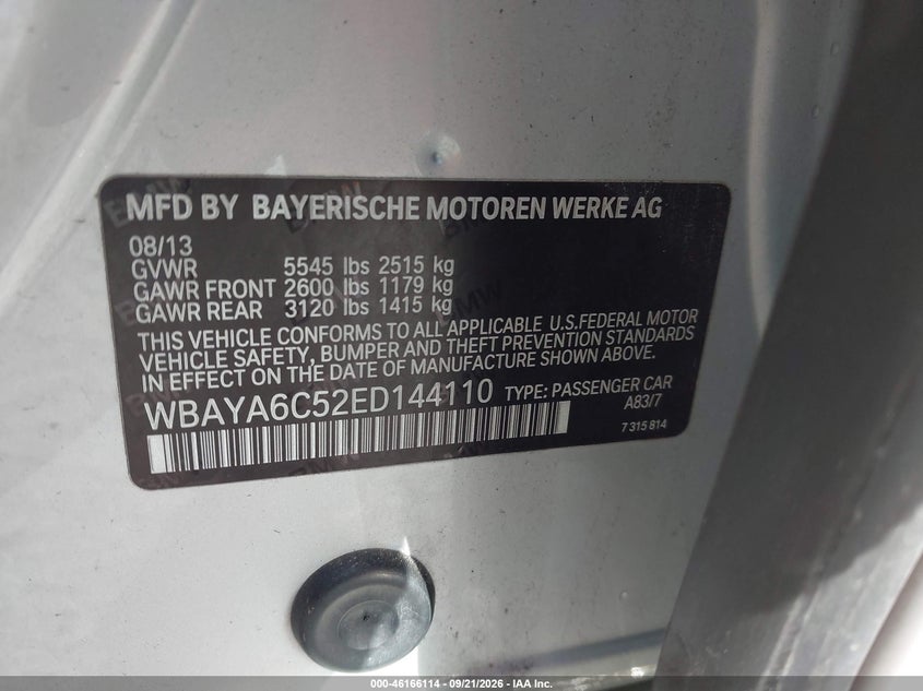 BMW 740I 2014 VIN WBAYA6C52ED144110