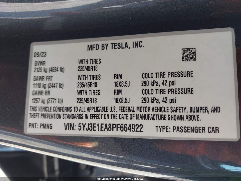TESLA MODEL 3 2023 VIN 5YJ3E1EA8PF664922