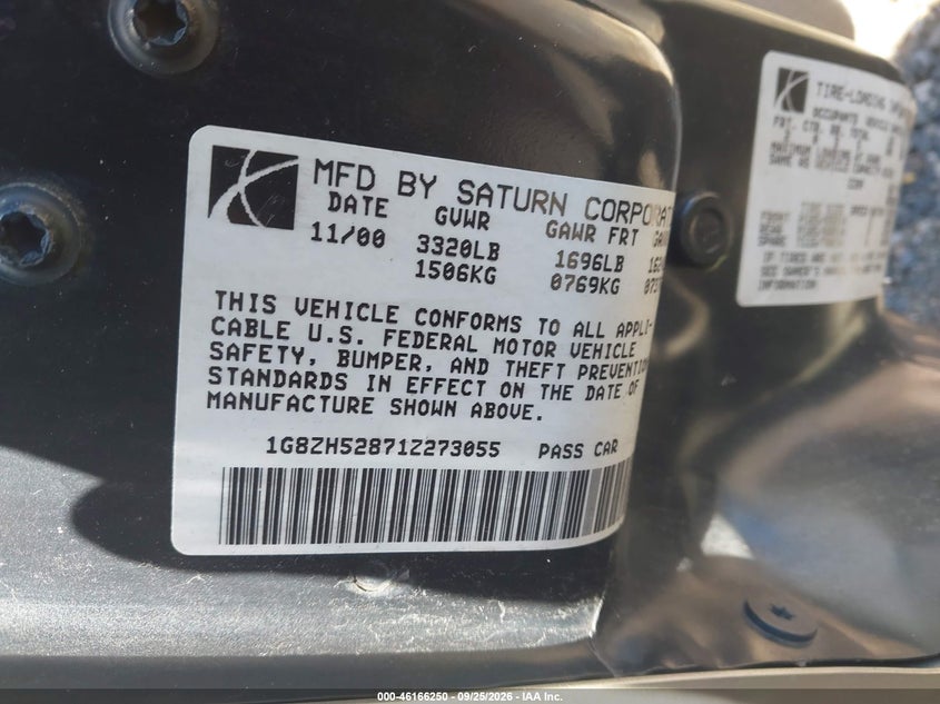 SATURN SL1 2001 VIN 1G8ZH52871Z273055