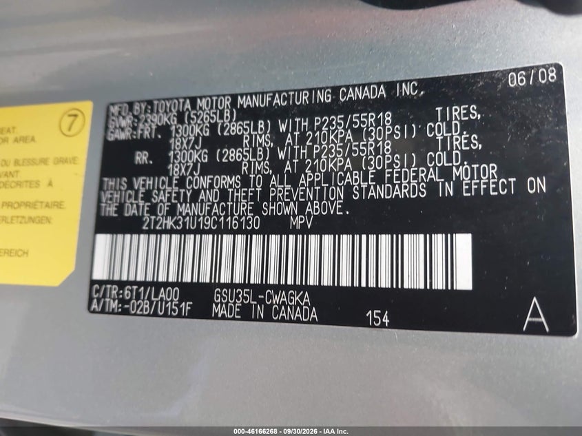 LEXUS RX 350 2009 VIN 2T2HK31U19C116130