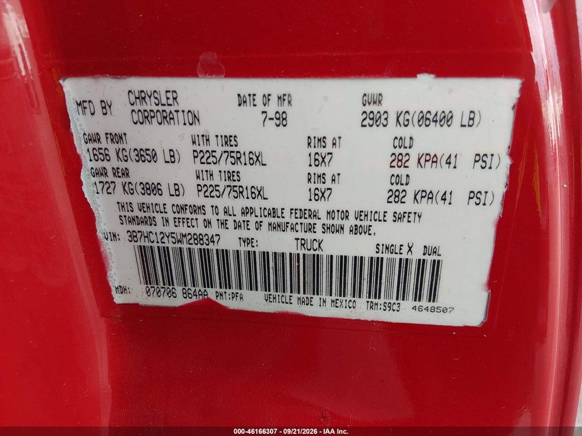 DODGE RAM 1500 1998 VIN 3B7HC12Y5WM288347